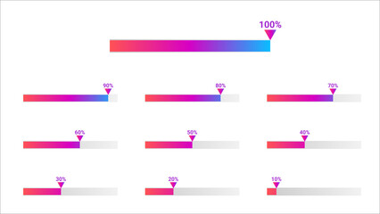 10 to 100 percentage infographics created with gradient progress bar element,  percentage infographics vector set.