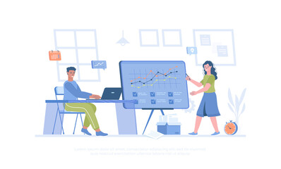 Brainstorming team working on projects, creating a new product. Colleagues discussion, business communication. Cartoon modern flat vector illustration for banner, website design, landing page.