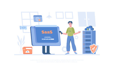 SaaS concept, Software as a service. Cloud computing and storage. Cartoon modern flat vector illustration for banner, website design, landing page.