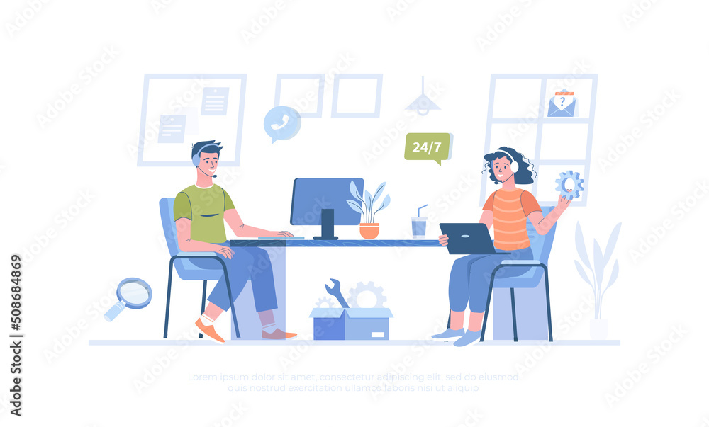 Poster technical support. online customer service. operators in headphones consult clients and solve tech p