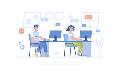 Fototapeta na wymiar Support center. Online consultants help clients in chats and calls. Call center operators. Cartoon modern flat vector illustration for banner, website design, landing page.