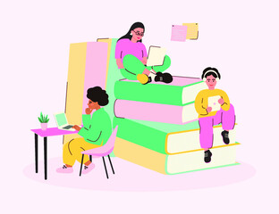 Students study online. Characters learn remotely and sit at the desk and stack of books with tablets and laptop. Online education concept.