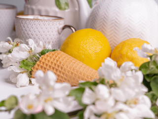White tea set with tea in cups with yellow lemons and a blossoming apple branch.Close-upThere are waffle cones on a saucer.