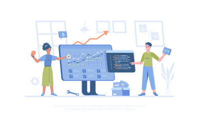 Project development. Team of programmers work with code. Man and woman generate new ideas, teamwork on project. Cartoon modern flat vector illustration for banner, website design, landing page.
