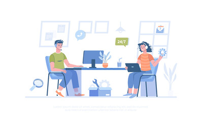 Technical support. Online customer service. Operators in headphones consult clients and solve tech problems. Cartoon modern flat vector illustration for banner, website design, landing page.