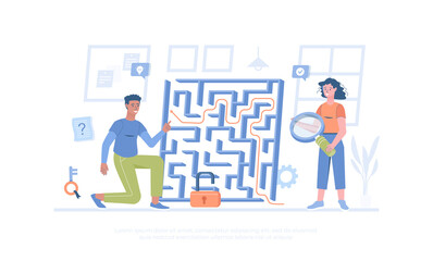 Finding solutions to business problems. Business thinking, strategic decision making. People thinks and looks for way out of labyrinth. Cartoon modern flat vector illustration for web banner