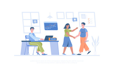 Business people work in a team. Colleagues research, analyze, develop, create new ideas. Cartoon modern flat vector illustration for banner, website design, landing page.