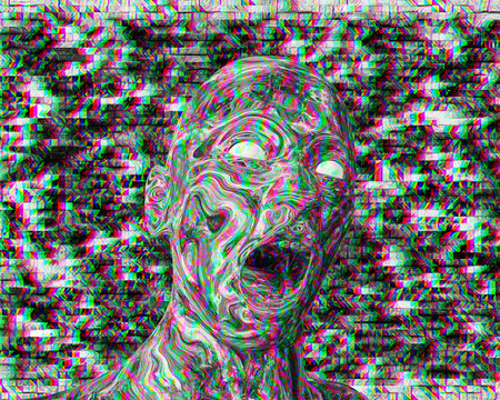 Scary Spooky Man With White Eyes, Angry Man Screaming, Glitch Style Effect Bacground, 3d Rendered