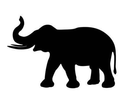 Elephant vector silhouette. Animal elephant with a raised trunk. Shadow of an elephant with tusks on a white background.