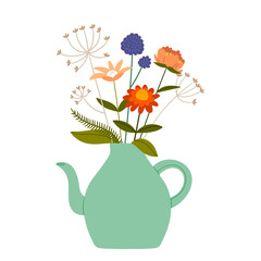 Bouquet of flowers in a green teapot.Colorful flowers.Gift.Eustoma,rose,bell,berries,branch, hogweed.