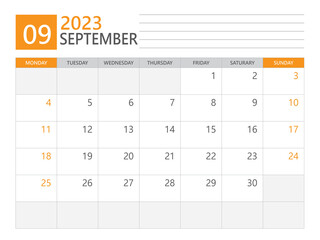 September 2023 template, Calendar planner 2023, week start on Monday, Desk calendar 2023 year, simple planner and clean design, Wall calendar design, Corporate planner template, print media vector