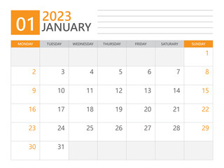 January 2023 template, Calendar planner 2023, week start on Monday, Desk calendar 2023 year, simple planner and clean design, Wall calendar design, Corporate planner template, print media vector