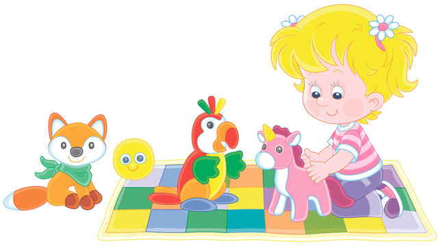 Happy little girl playing with a funny soft toy unicorn, a parrot and a fox on a colorful checkered carpet in a nursery, vector cartoon illustration isolated on a white background