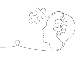 Continuous line art or One Line Drawing of Human Brain with Jigsaw Puzzle for Think Idea Concept vector illustration.