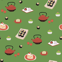 Japanese Food tea and sweets vector seamless pattern