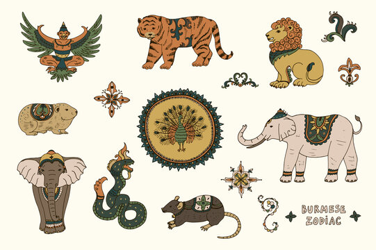 Burmese zodiac signs animals vector illustrations set