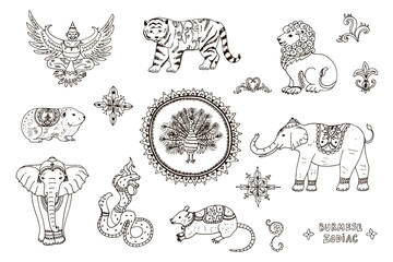 Burmese zodiac signs animals vector line illustrations set