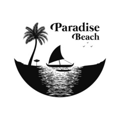 Paradise beach and Sailboat with the Pacific Proa Silhouette on Sea Beach that looks like a crescent moon - obrazy, fototapety, plakaty