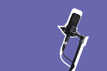 Art collage in magazine style. Black modern microphone isolated on lilac Very Peri background - obrazy, fototapety, plakaty