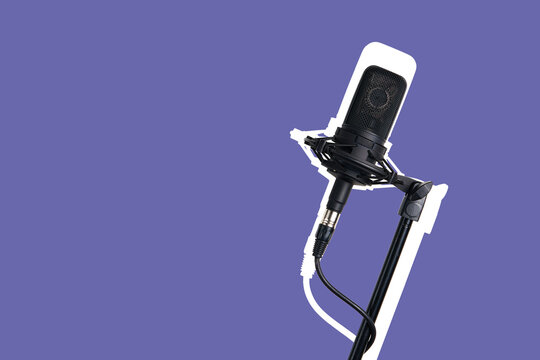 Art collage in magazine style. Black modern microphone isolated on lilac Very Peri background