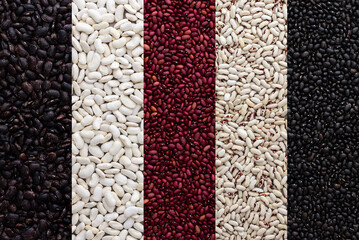 Different types of legumes, red, white and black beans, top view