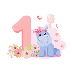 Obraz na płótnie Canvas Cute baby girl hippo. Birthday invitation. 1 year, 1 month. Happy birthday.