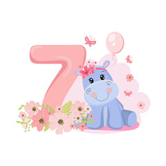 Obraz na płótnie Canvas Cute baby girl hippo. Birthday invitation. Seven years, seven months. Happy birthday.