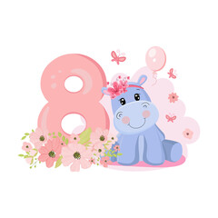 Obraz na płótnie Canvas Cute baby girl hippo. Birthday invitation. Eight years, eight months. Happy birthday.