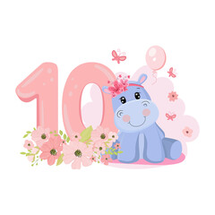 Obraz na płótnie Canvas Cute baby girl hippo. Birthday invitation. Ten years, ten months. Happy birthday.