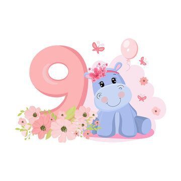 Cute baby girl hippo. Birthday invitation. Nine years, nine months. Happy birthday.