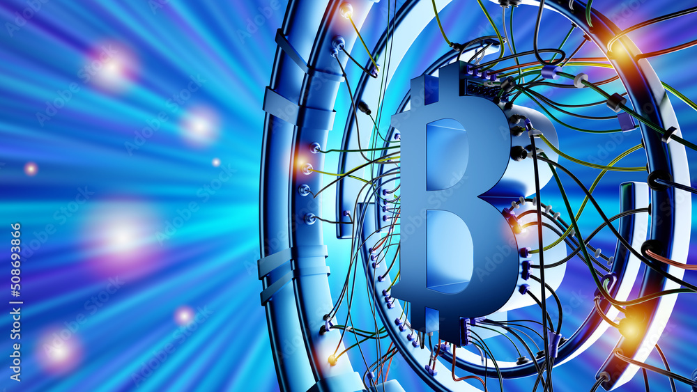 Poster bitcoin wallet logo. letter b with wires. using bitcoin wallet technology. bitcoin storage software 
