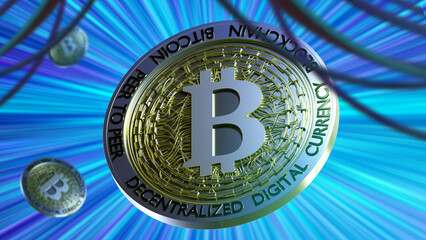 Bitcoin currency. Coins with decentralized digital currency symbol. Bitcoin money exchange concept. Buying and selling cryptocurrencies. Autumn blockchain coin. Bitcoin peer-to-peer system. 3d image.