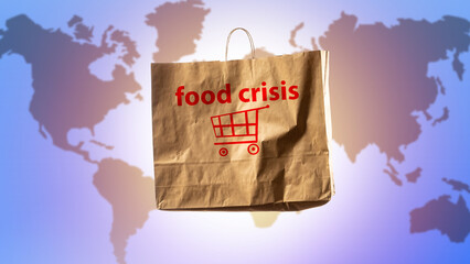 Food crisis package. Global hunger. Food crisis inscription on grocery paper bag. Concept of increasing prices for products. Food crisis on different continents. Blurred world map. 3d rendering.