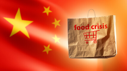 Food crisis in China. Package labeled food crisis. Rise in price of products in PRC -concept. Rising food prices. Shortage of meal for residents in People's Republic of China. Art focus. 3d image.