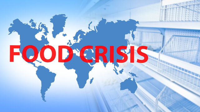 Product crisis. Empty shelves in supermarkets. Logo food crisis world map. International food issues. Concept global hunger. International food shortage. Lack of meal in different countries. 3d image