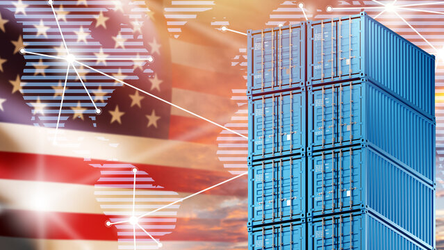 Container shipping across USA. Sea containers in front of flag of America. Concept of sending goods from USA. Lines represent supply chains. Logistic transportation of goods across America. 3d image