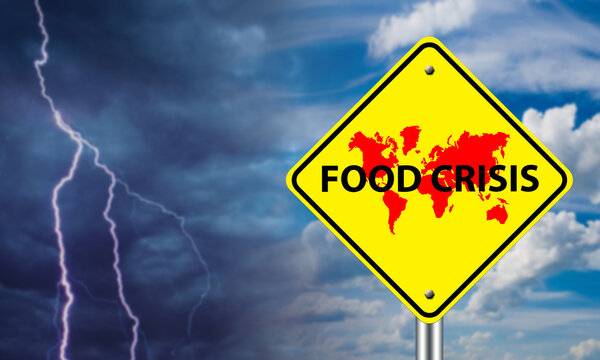 Food crisis problem. Road sign with inscription food crisis. Lack of meal for population. Food crisis sign in front of sky with thunderstorm. International humanitarian problems. Art focus. 3d image.