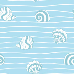 Seamless pattern with abstract shells blue outline on white wavy lines. Marine design