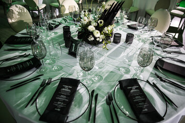 Table set for wedding or another catered event dinner