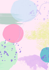 The illustration is in the style of abstraction. On a pale pink background, circles of bright colors are drawn