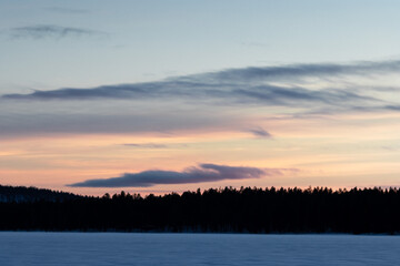 Fototapeta na wymiar stunning sunset orange sky above trees in finnish lapland
