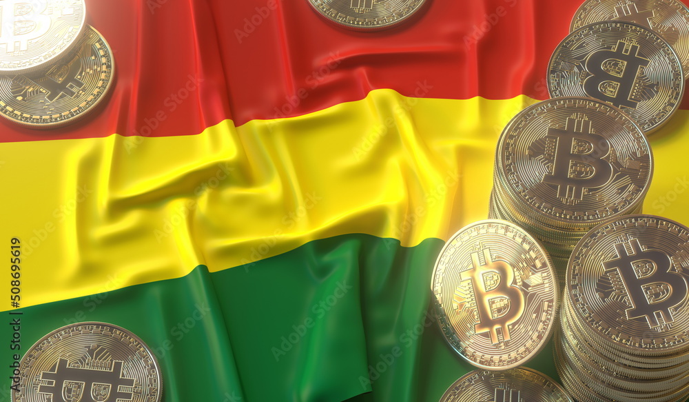 Aufkleber bitcoin tokens and flag of bolivia. cryptocurrency related 3d rendering