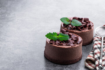 Mini Chocolate Cheesecakes with chocolate chip on top on gray background