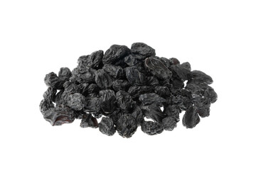Dark sweet raisins isolated on white background, side view.