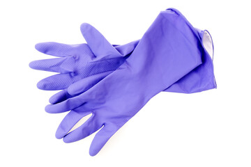 Blue protective rubber gloves for chores isolated on white background.