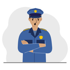 Police man. Profession policeman, security guard, patrolman in uniform.