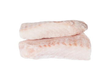 Frozen cod fish fillet on white background. Raw steaks.