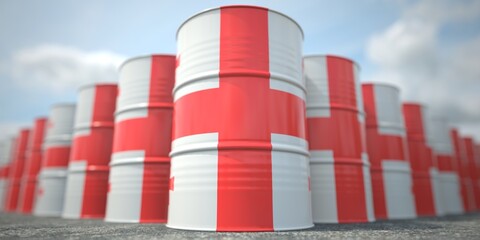 Flag of Georgia on the barrels or steel drums. Chemical or oil industry related 3D rendering