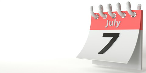 July 7 date on a tear-off calendar, 3d rendering