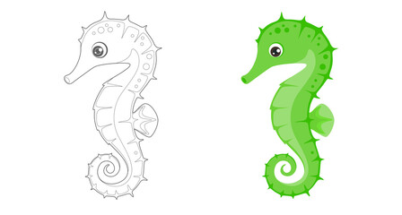 Coloring page outline of cartoon seahorse . Coloring book for children. Funny vector ocean animals, fish. Simple flat illustration.